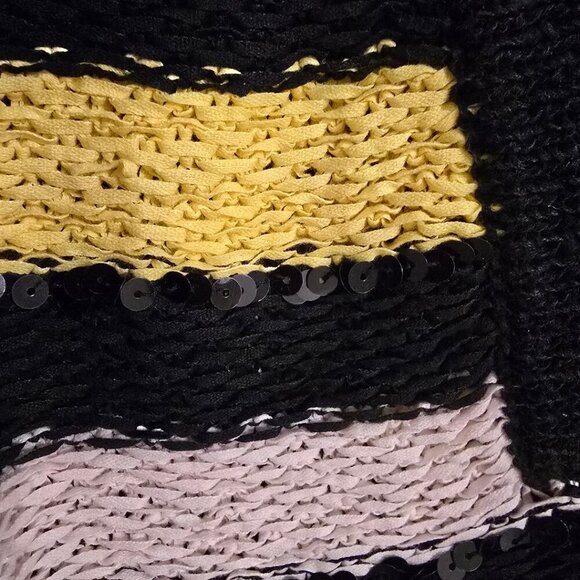 Berek Cardigan Size Large Shell Striped Sequin Black White Yellow Open Stretch - Picture 5 of 6